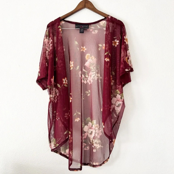 Mesh Kimono Floral Knit Wine Rose Relaxed Sheer Boho Size Large Polly & Esther - Picture 3 of 12